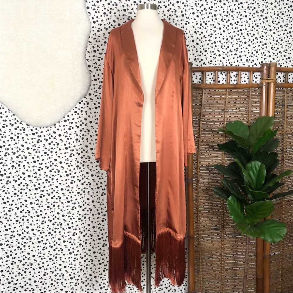 Eloquii | Satin Rust Orange Fringe Open Front Long Cardigan Duster Plus Size 26